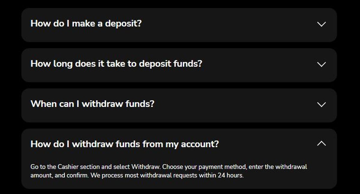 Stockity FAQ answer explaining how to withdraw funds from the Cashier section